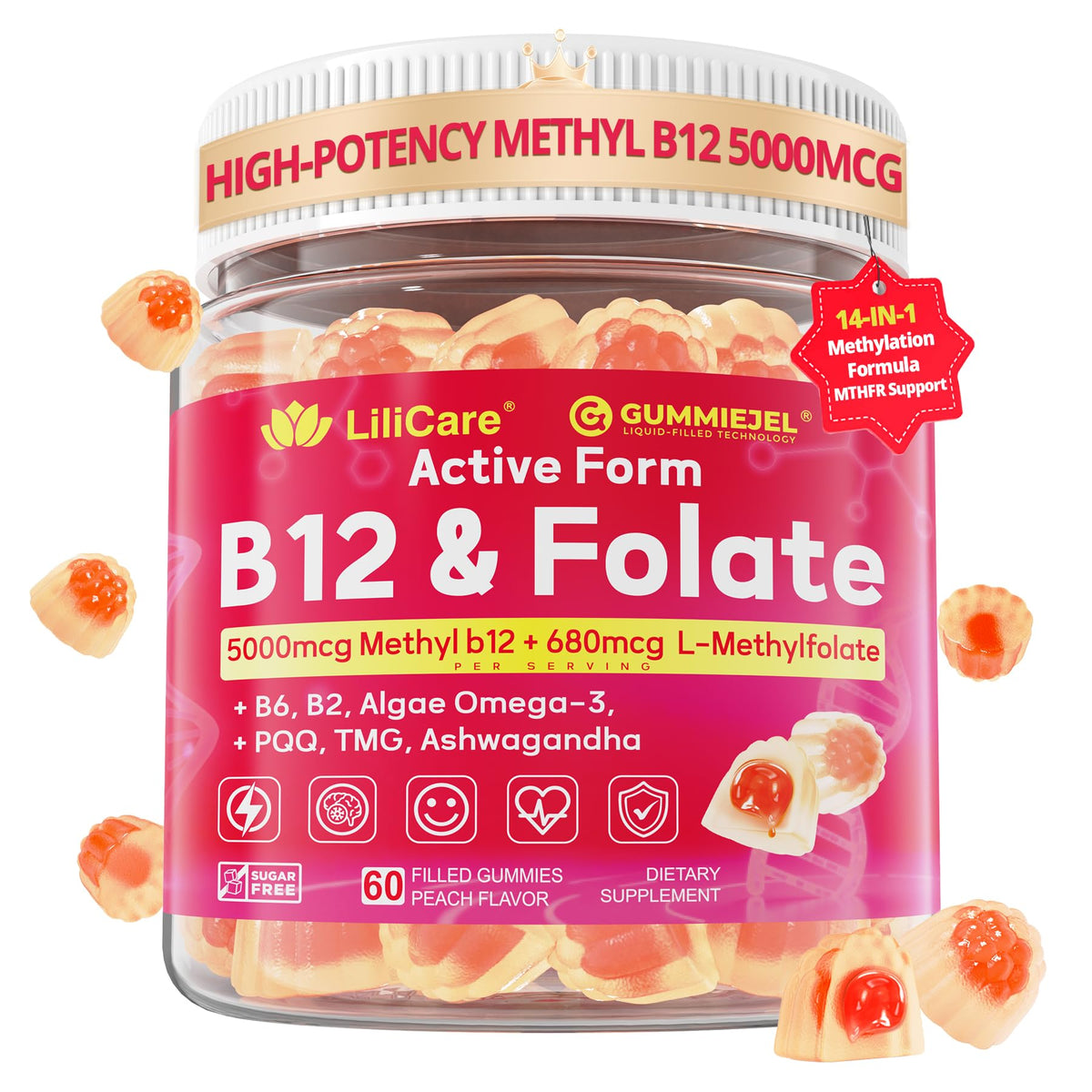 Gummies LILICARE Methyl B12 5000mcg et L-Méthylfolate en vue de face
