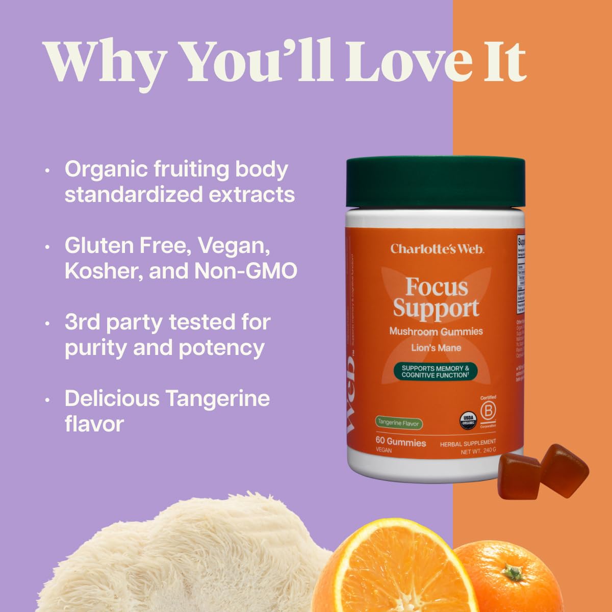 Gummies Lion's Mane dans un bol avec des fruits tangerine autour