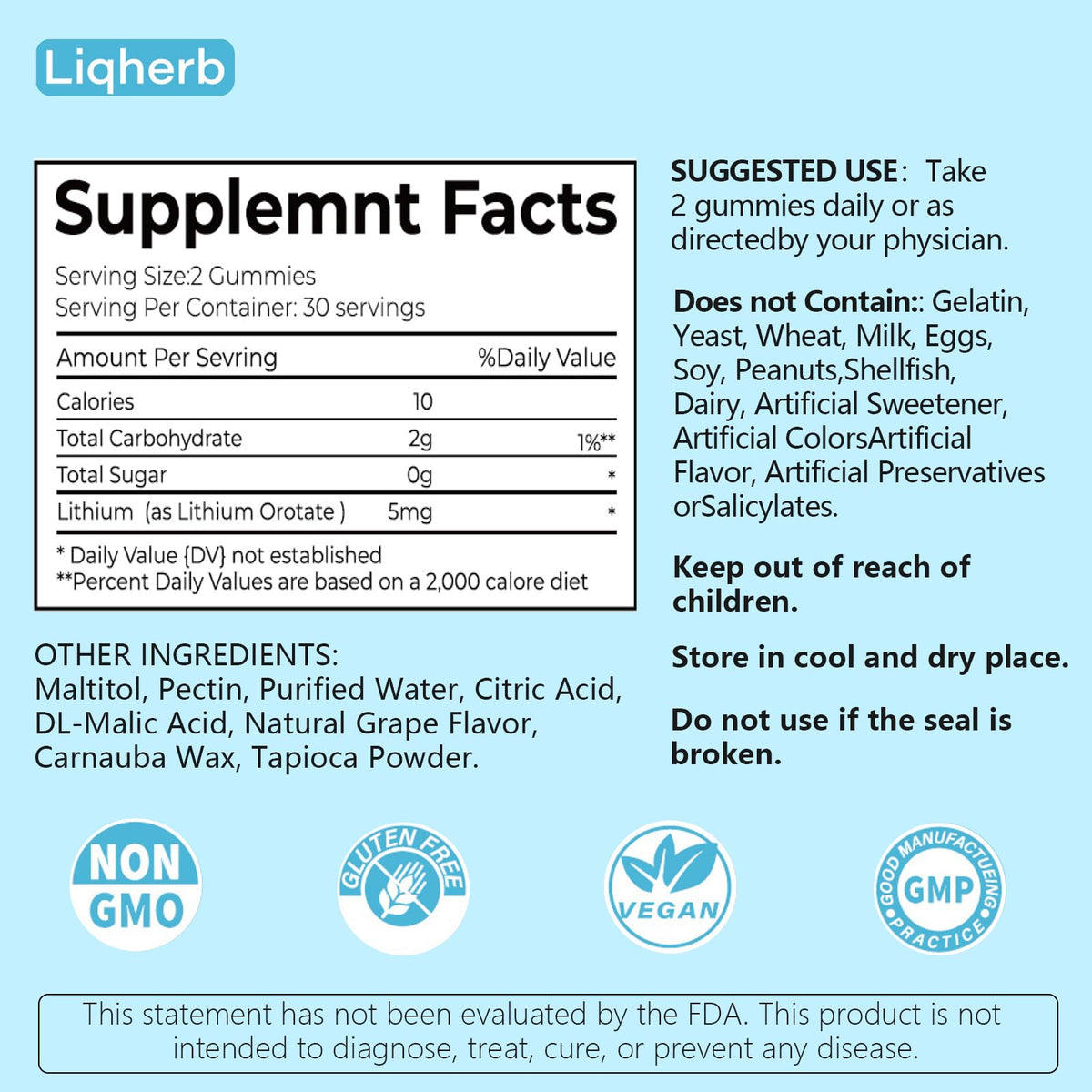 Gummies Liqherb Orotate de Lithium 5mg goût raisin sur fond blanc