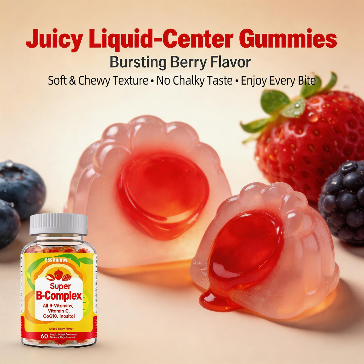 Gummies liquides ESSENJOYY montrant le format et la couleur