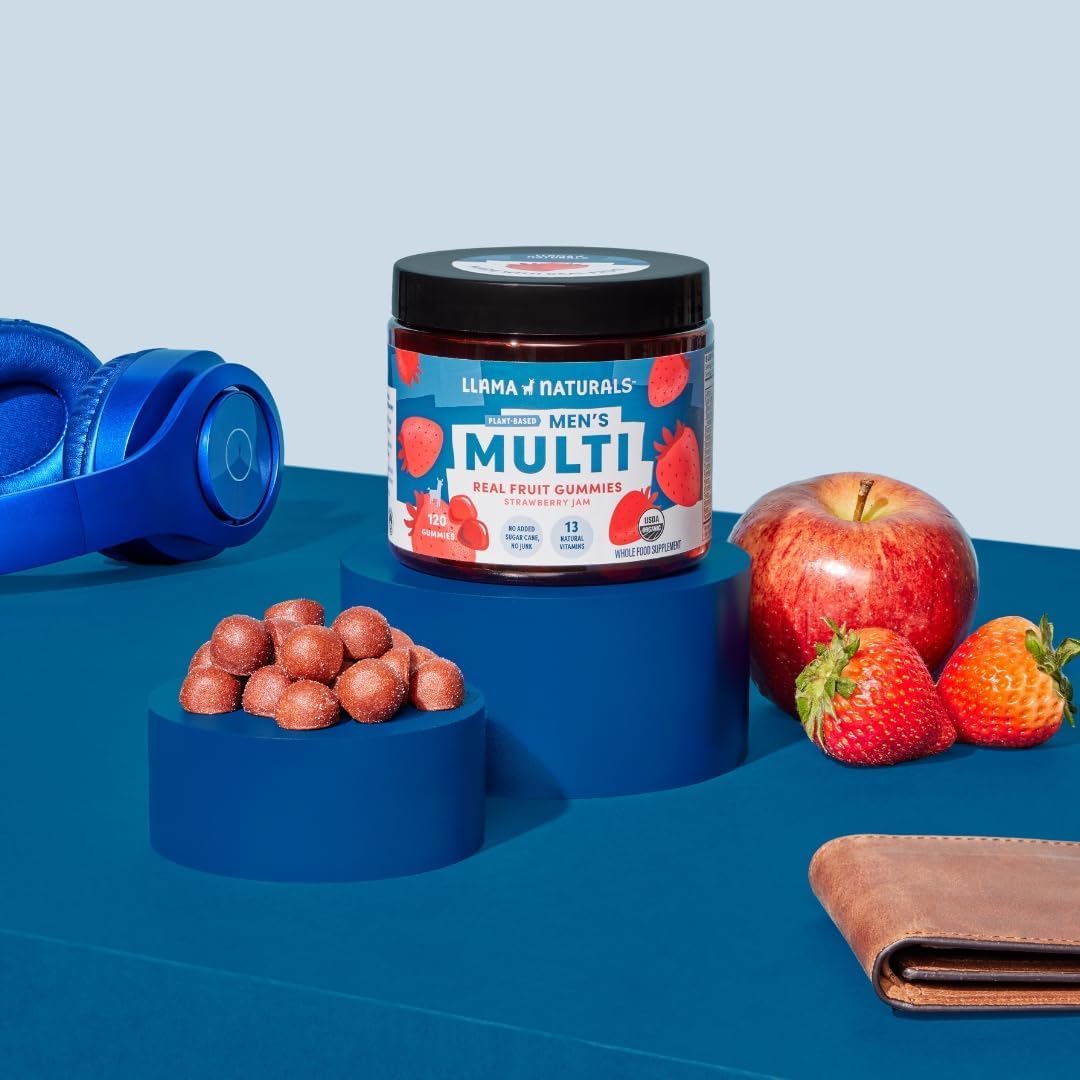Gummies Llama Naturals avec fruits frais en arrière-plan