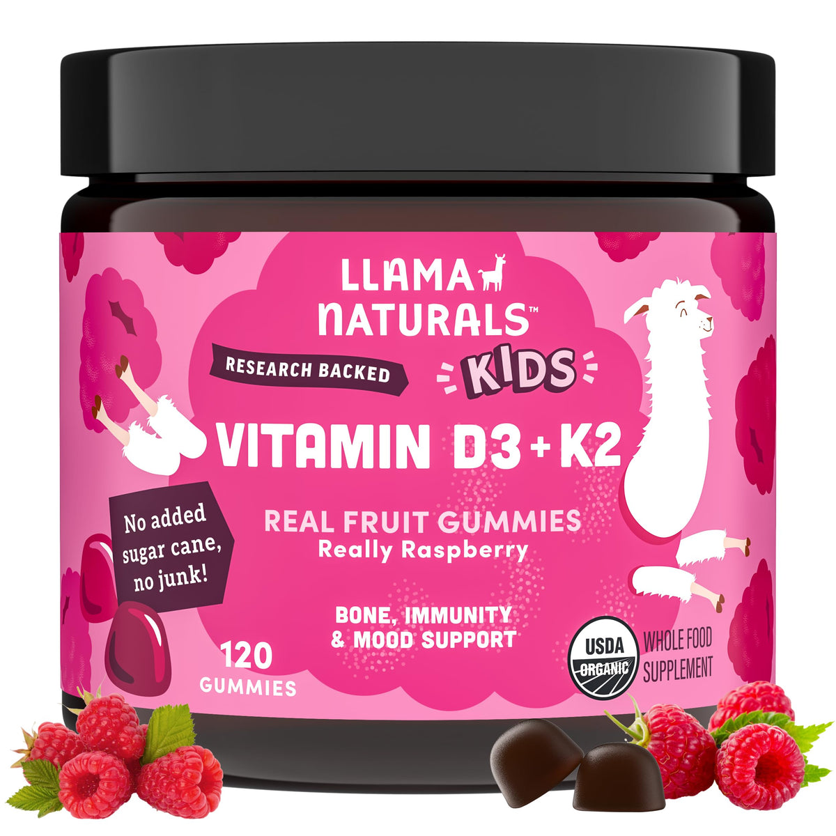 Gummies Llama Naturals Vitamine D3 K2 pour enfants, pot de 120 Ct