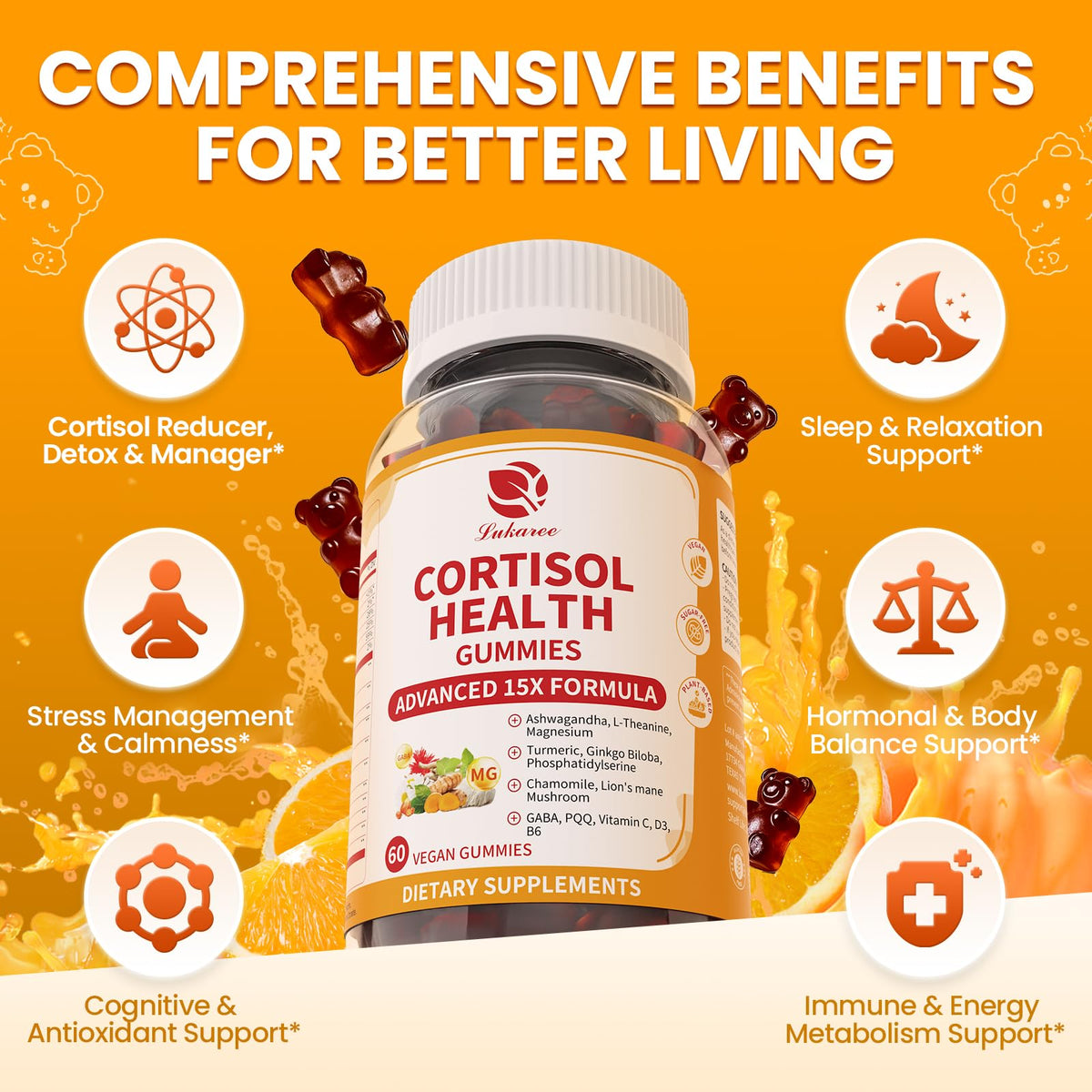 Gummies Lukaree Compléments Alimentaires Cortisol 15 en 1 avec une orange