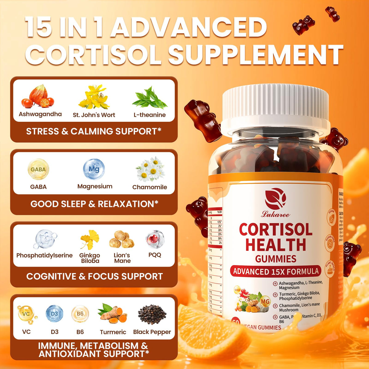 Gummies Lukaree Compléments Alimentaires Cortisol 15 en 1 sur fond blanc