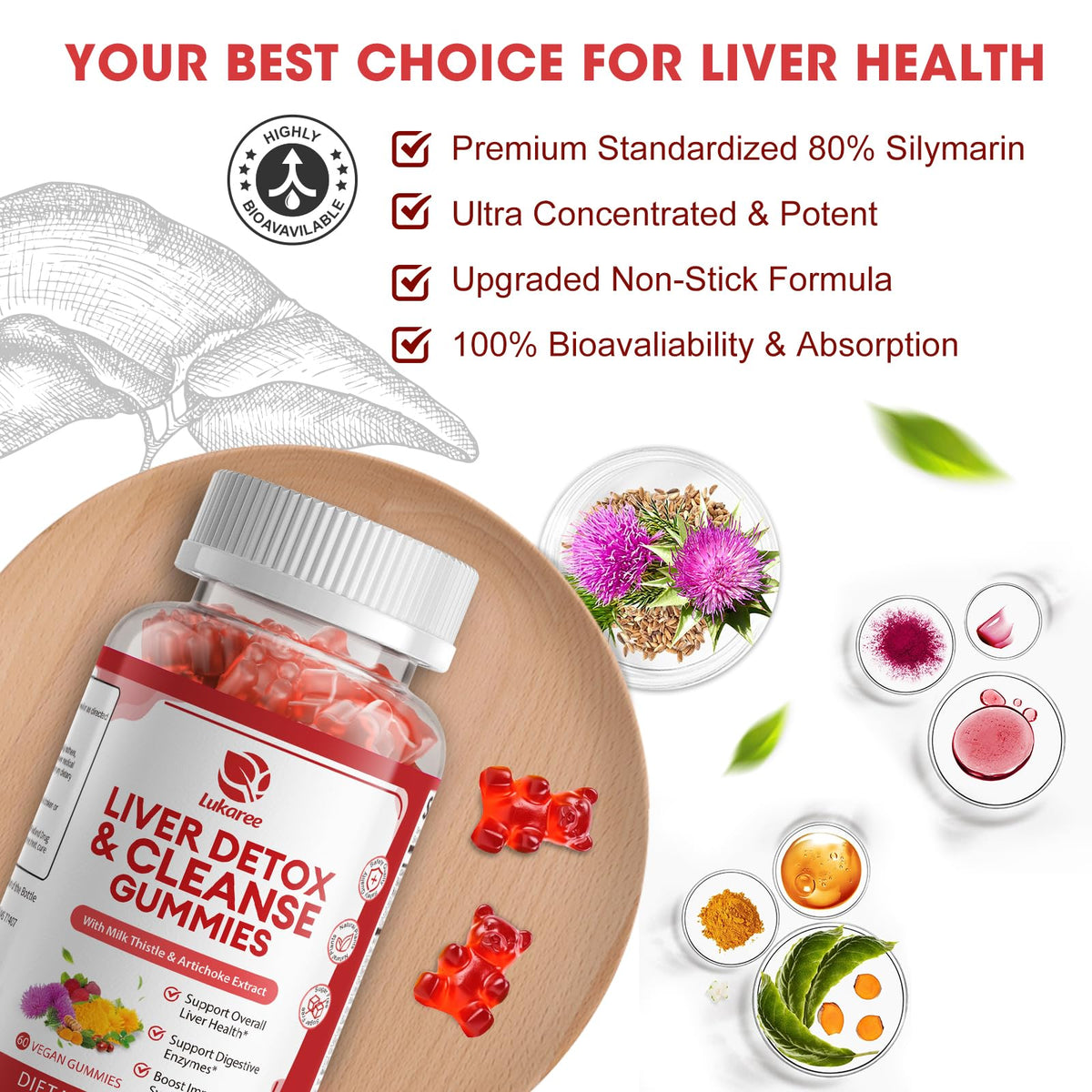 Gummies Lukaree Détox Foie 422g avec des fruits frais à côté