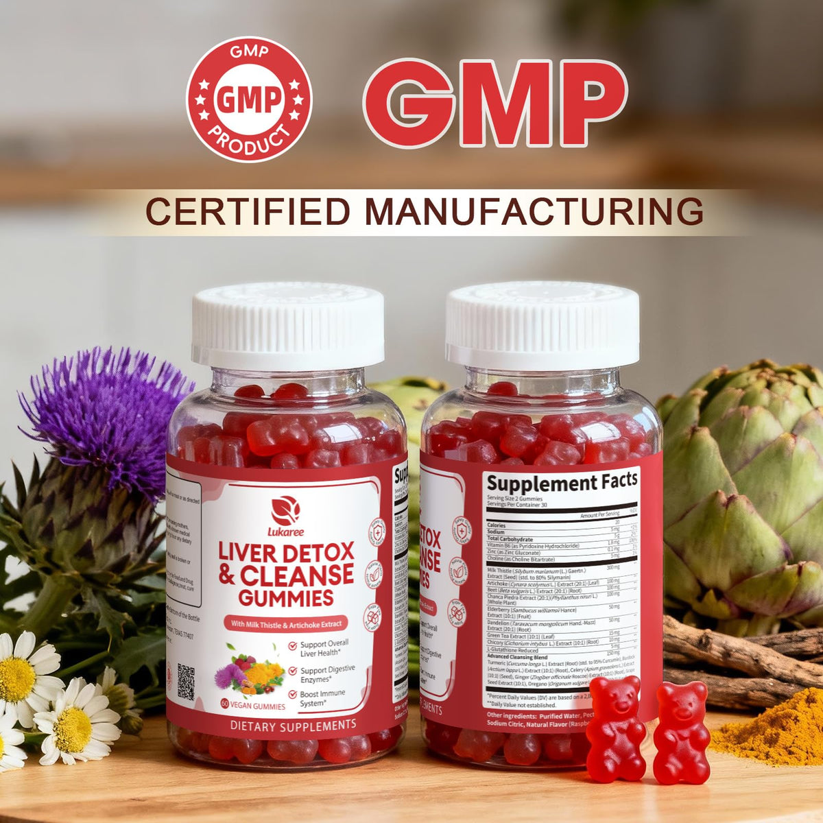 Gummies Lukaree Détox Foie 422g montrant le goût de framboise