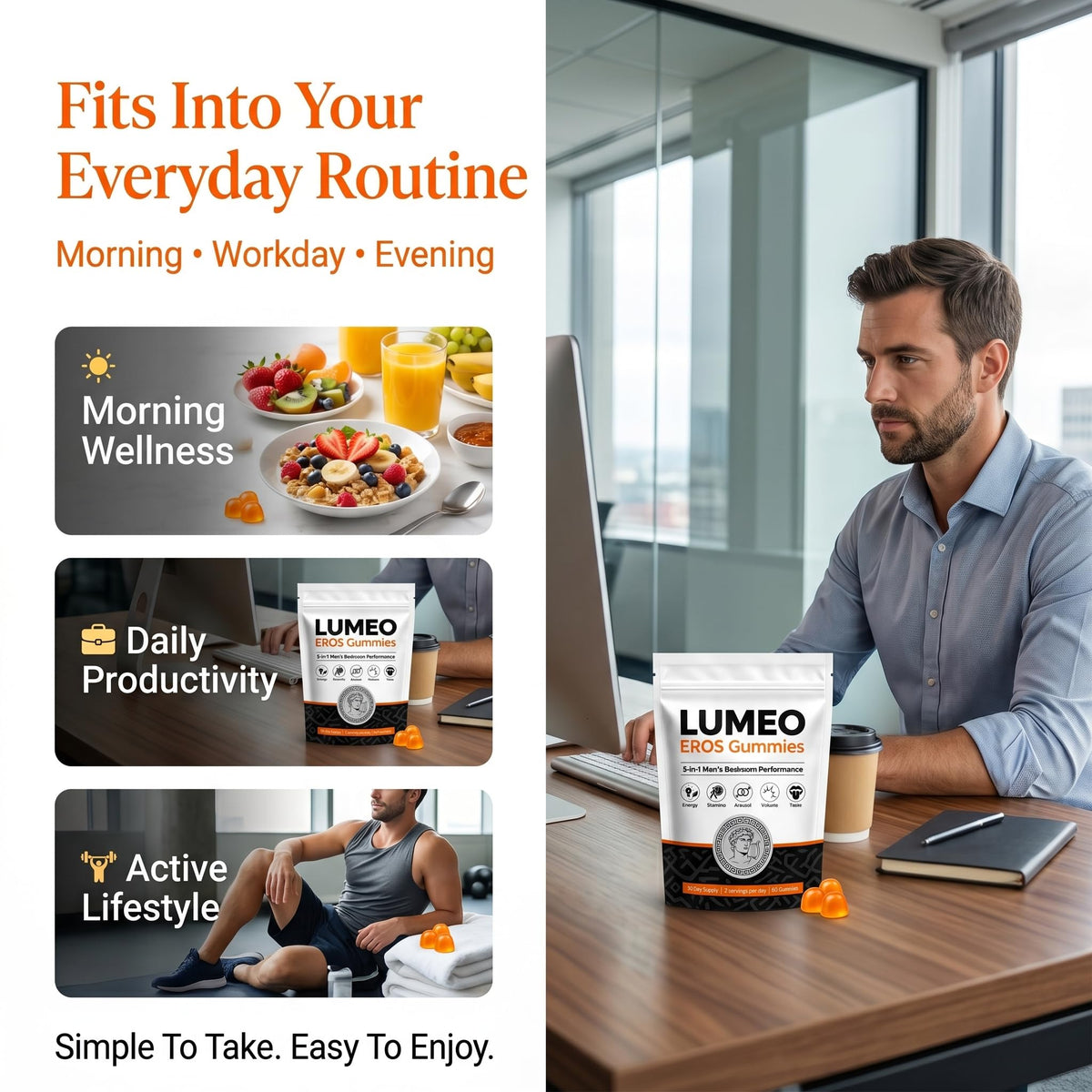 Gummies Lumeo Eros sur une table, mise en scène avec des fruits