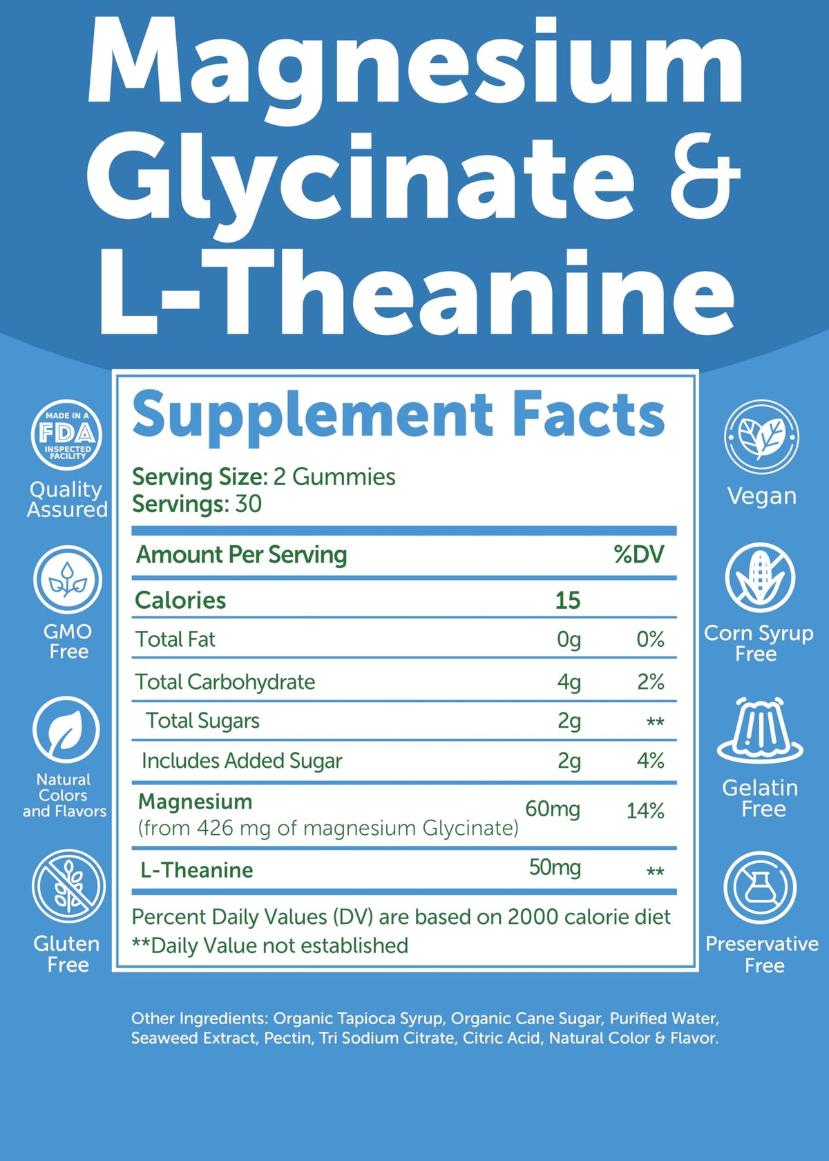 Gummies Lunakai au glycinate de magnésium, ingrédients listés sur l'emballage