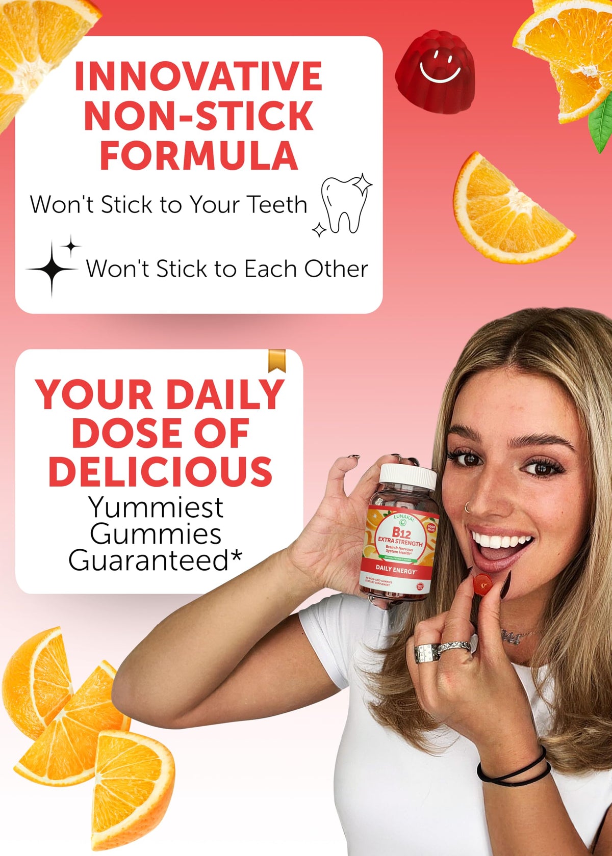 Gummies Lunakai B12 3000mcg sur une table avec orange