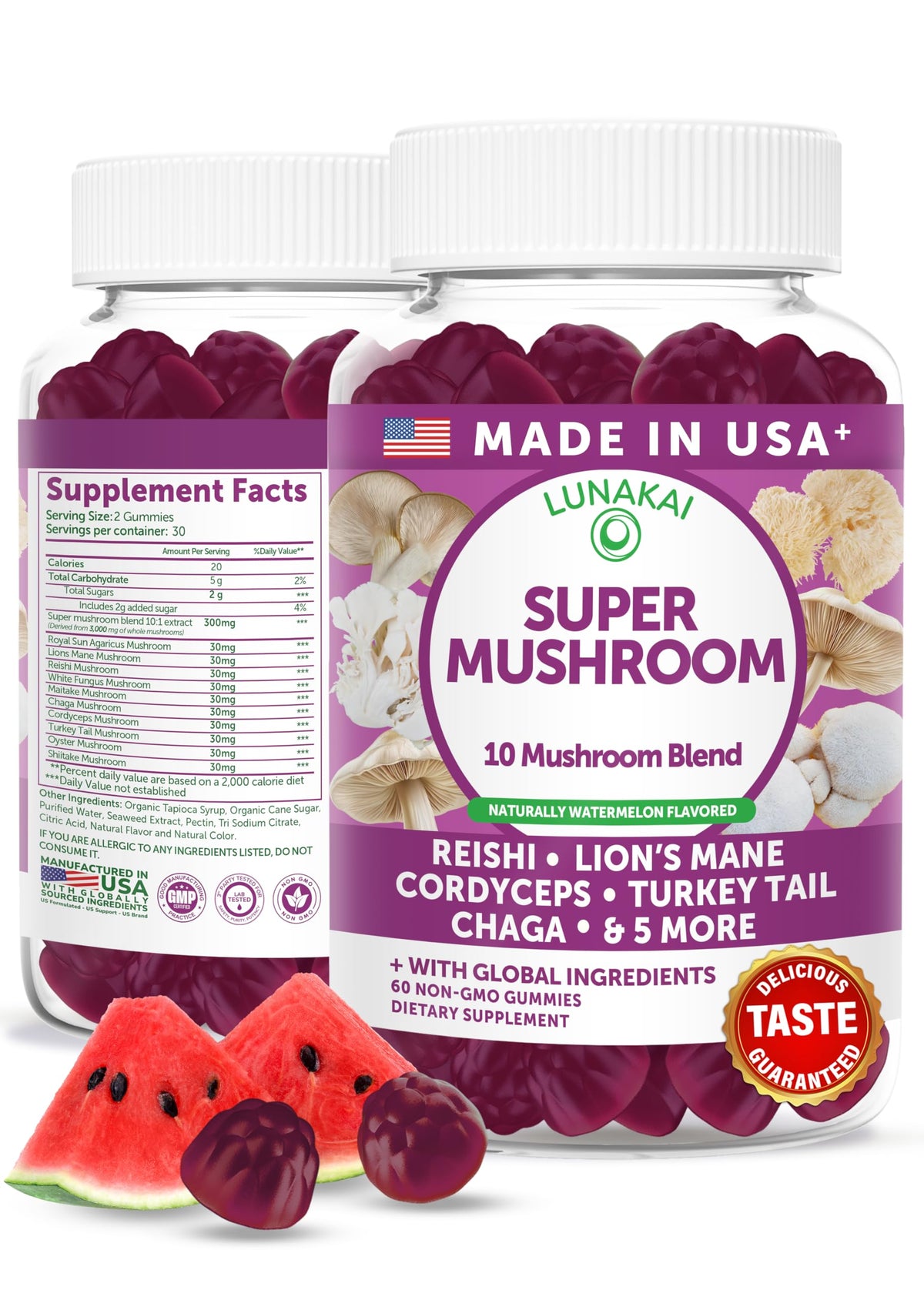 Gummies Lunakai de champignons adaptogènes, boîte de 60 gummies au goût de pastèque