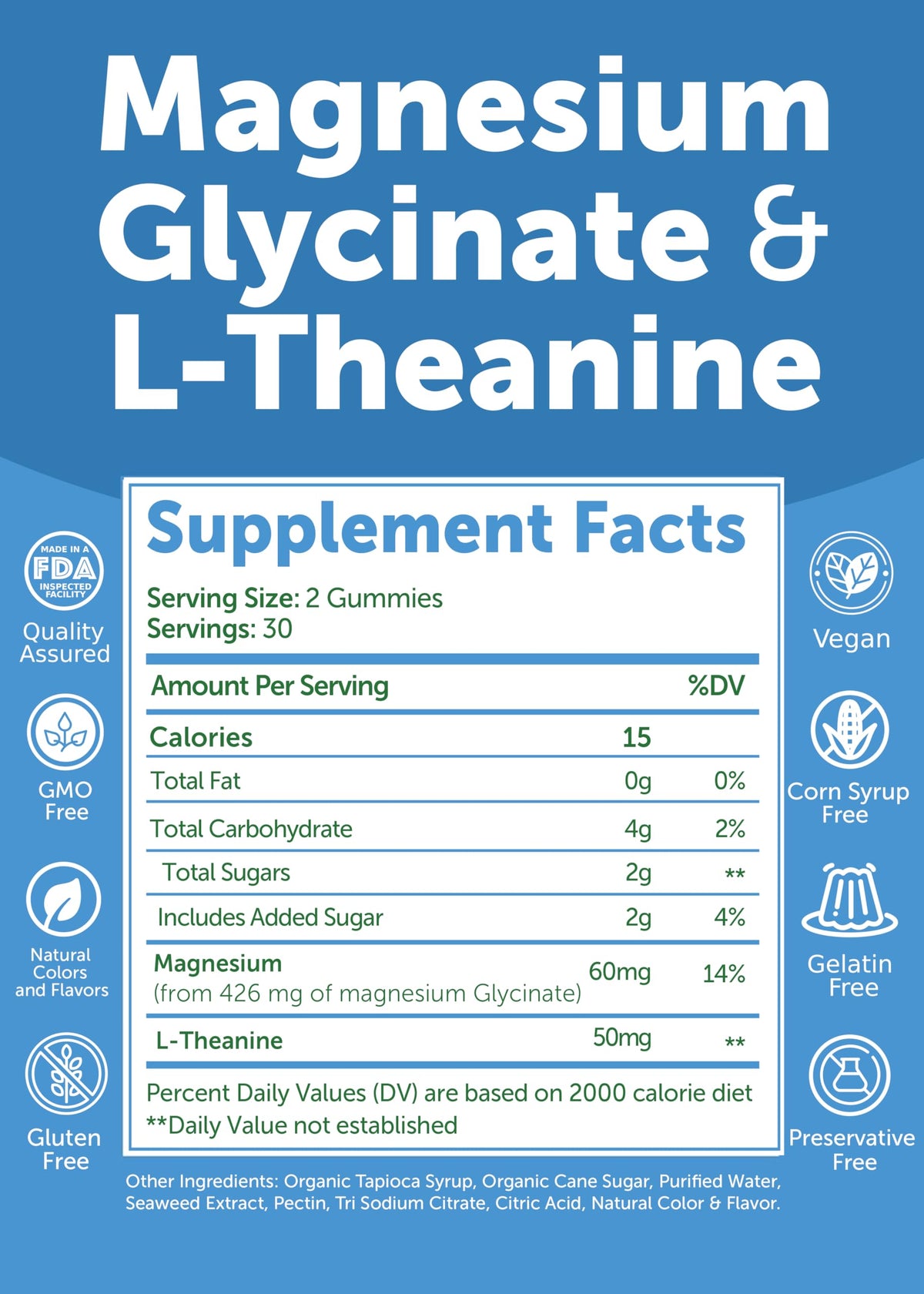 Gummies Lunakai de magnésium glycinate, étiquette nutritionnelle