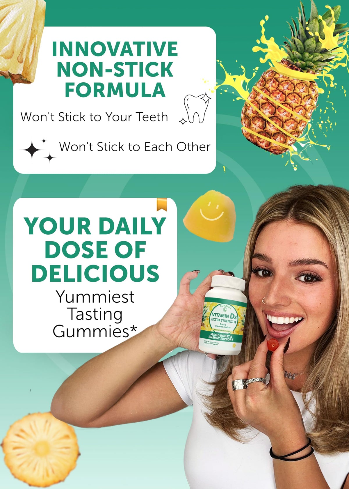 Gummies Lunakai de Vitamine D3 sur une table, présentation