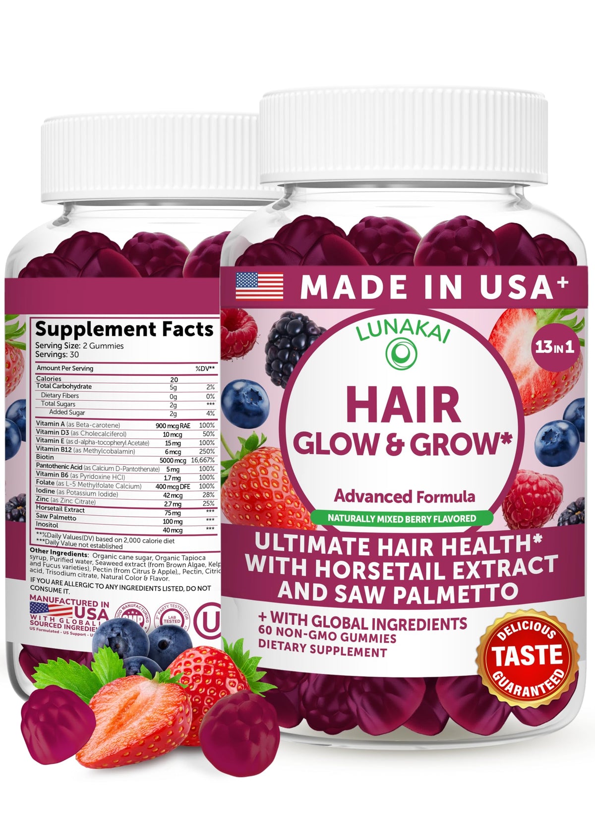 Gummies Lunakai pour cheveux en bouteille, vue de face