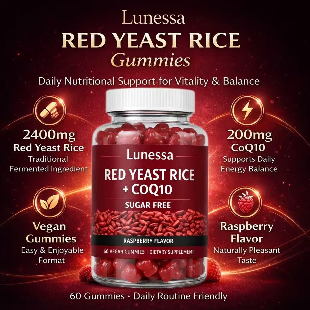 Gummies Lunessa Riz Rouge 2400mg avec CoQ10 200mg en gros plan