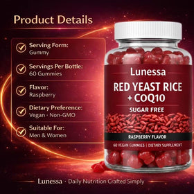 Gummies Lunessa Riz Rouge 2400mg et CoQ10 200mg dans la main