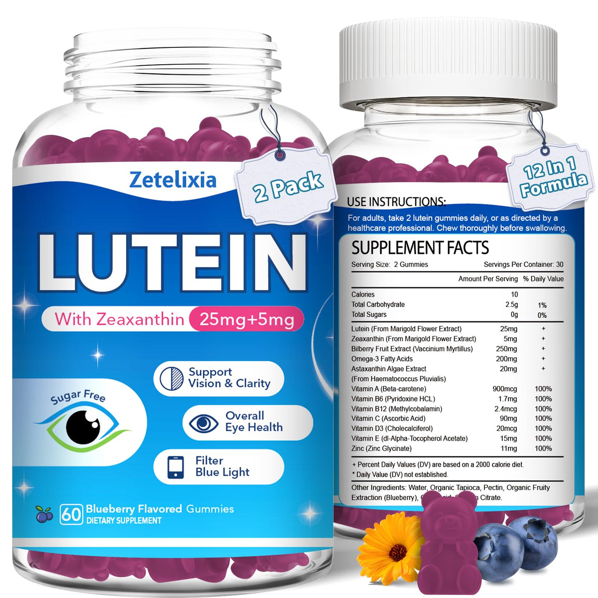 Gummies luthéine Zetelixia 12 en 1 saveur myrtille vue de face