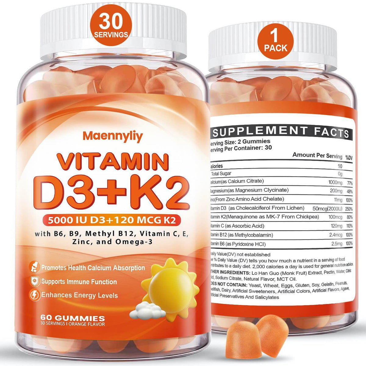 Gummies Maennyliy Vitamine D3 K2 5000 IU 120 mcg en boîte
