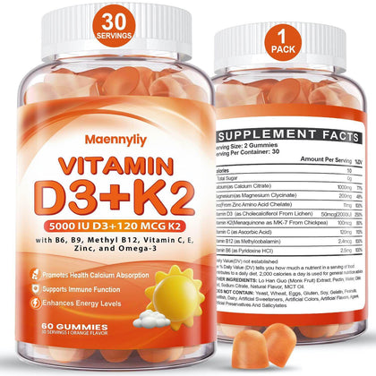 Gummies Maennyliy Vitamine D3 K2 5000 IU 120 mcg en boîte