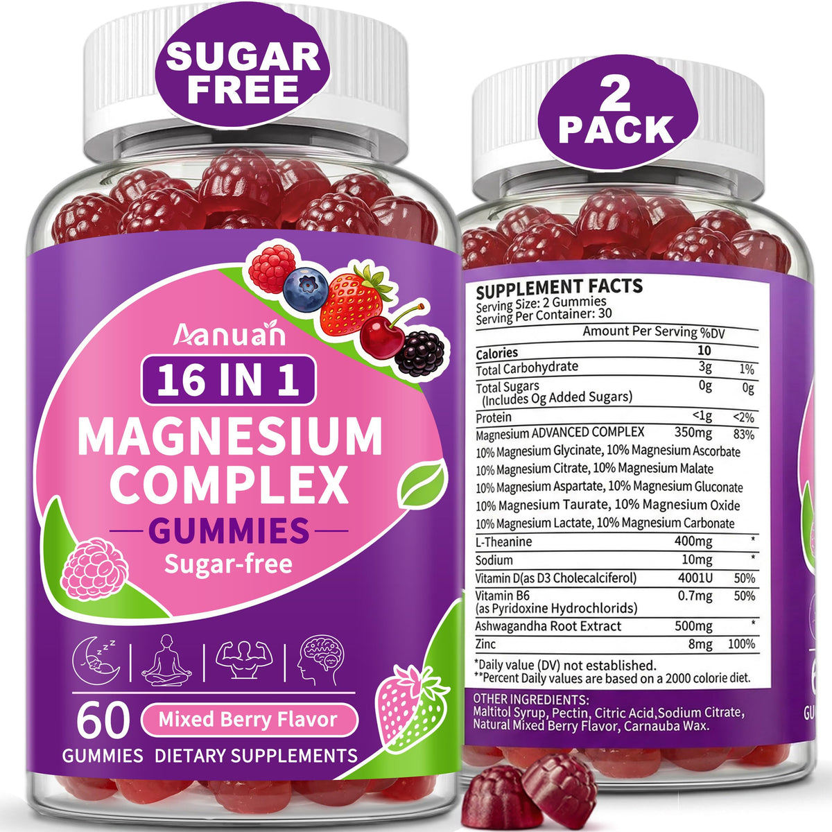 Gummies magnésium Aanuan 16-en-1 en pot, vue de face