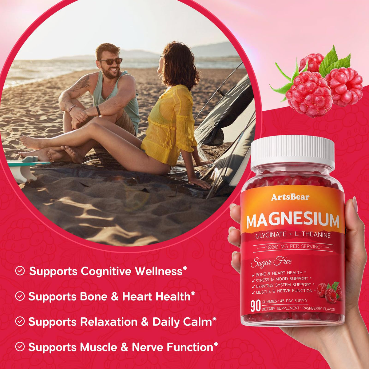 Gummies magnésium ArtsBear 1000mg sur une table avec des fruits