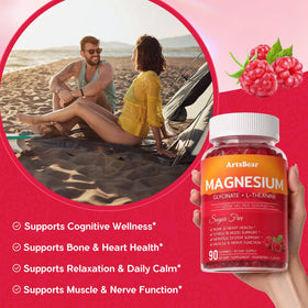 Gummies magnésium ArtsBear 1000mg sur une table avec des fruits
