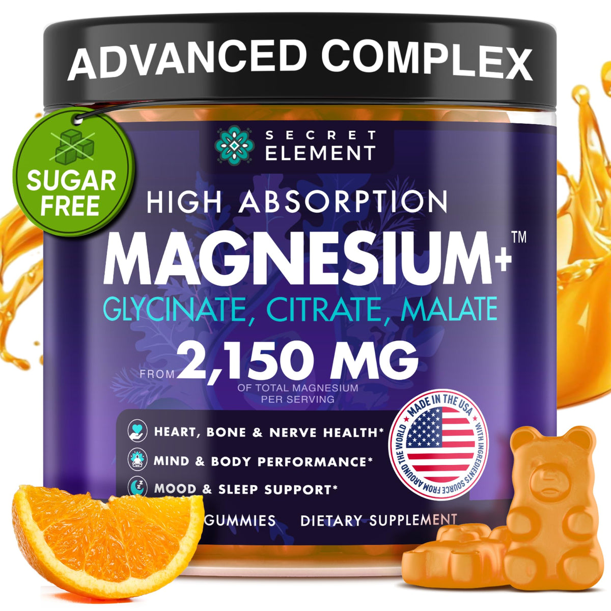 Gummies Magnésium Glycinate 2150MG Secret Element vue avant avec emballage orange