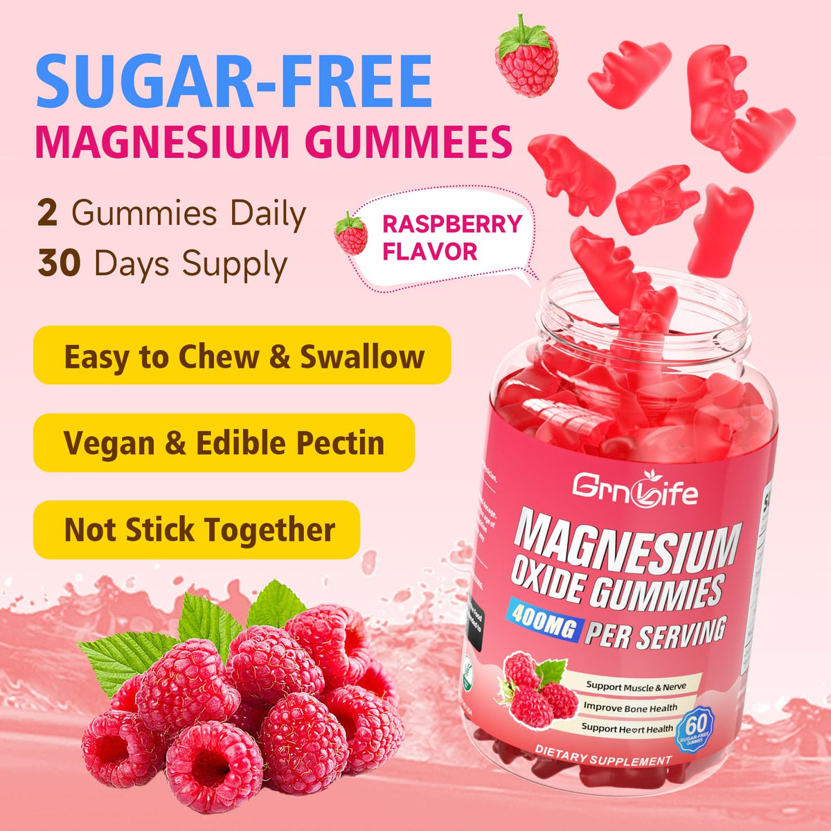 Gummies Magnésium Oxyde GrnLife 400mg à côté d'un verre d'eau