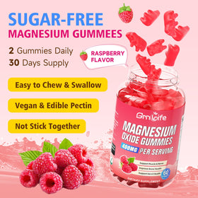 Gummies Magnésium Oxyde GrnLife 400mg à côté d'un verre d'eau