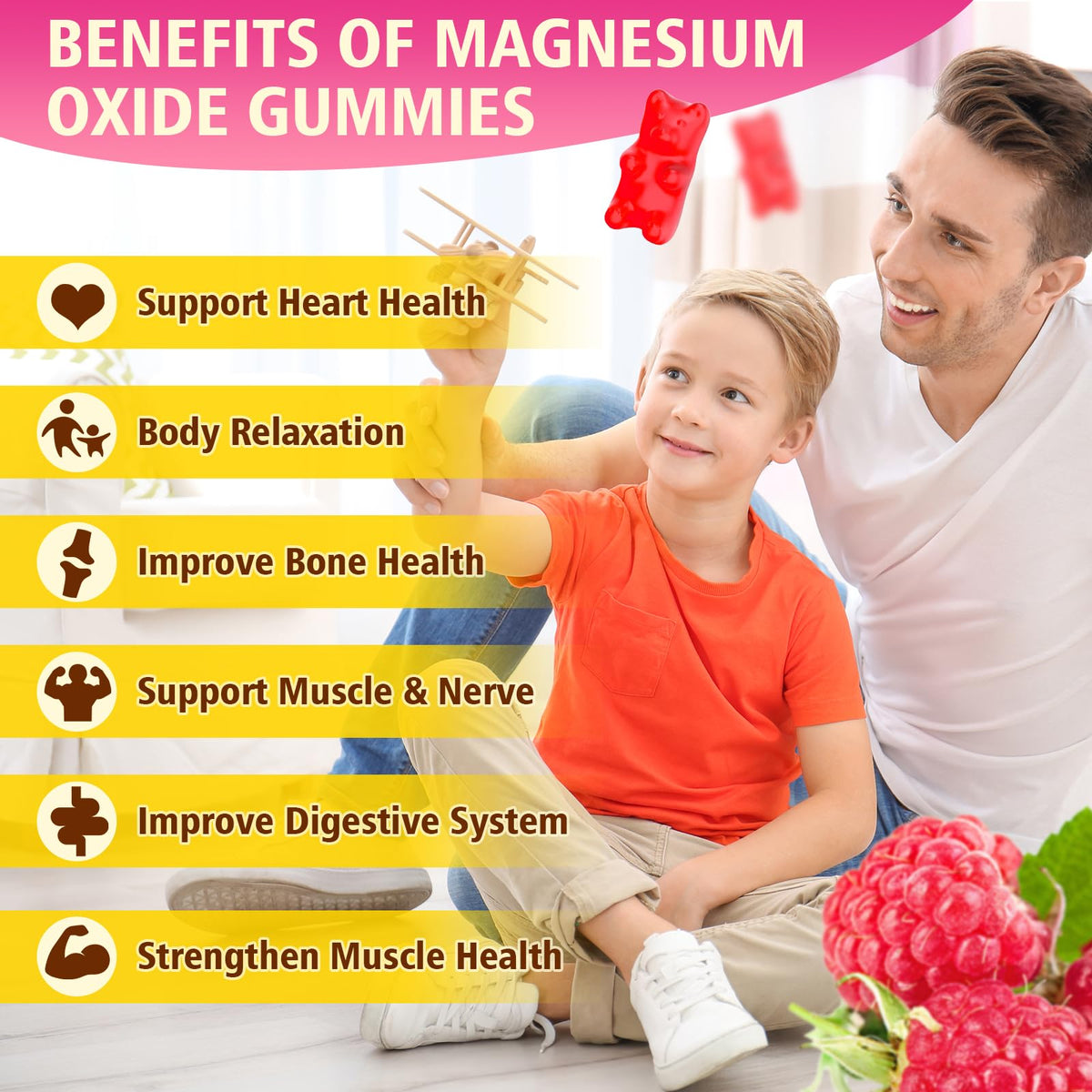 Gummies Magnésium Oxyde GrnLife 400mg à côté d'une assiette de framboises