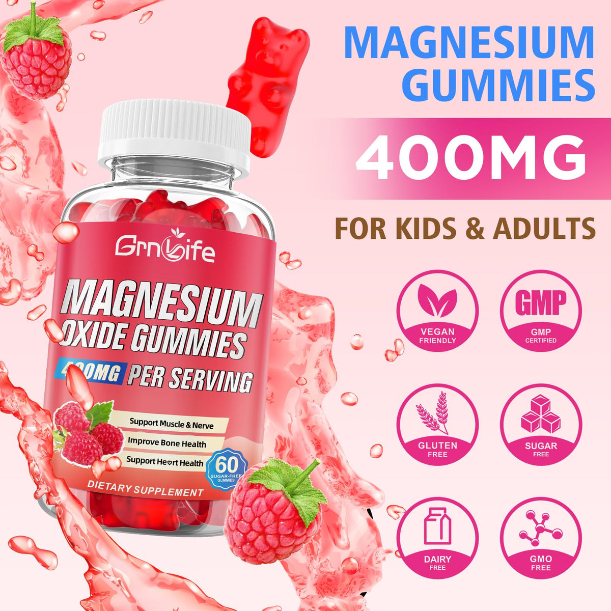 Gummies Magnésium Oxyde GrnLife 400mg en gros plan montrant la texture