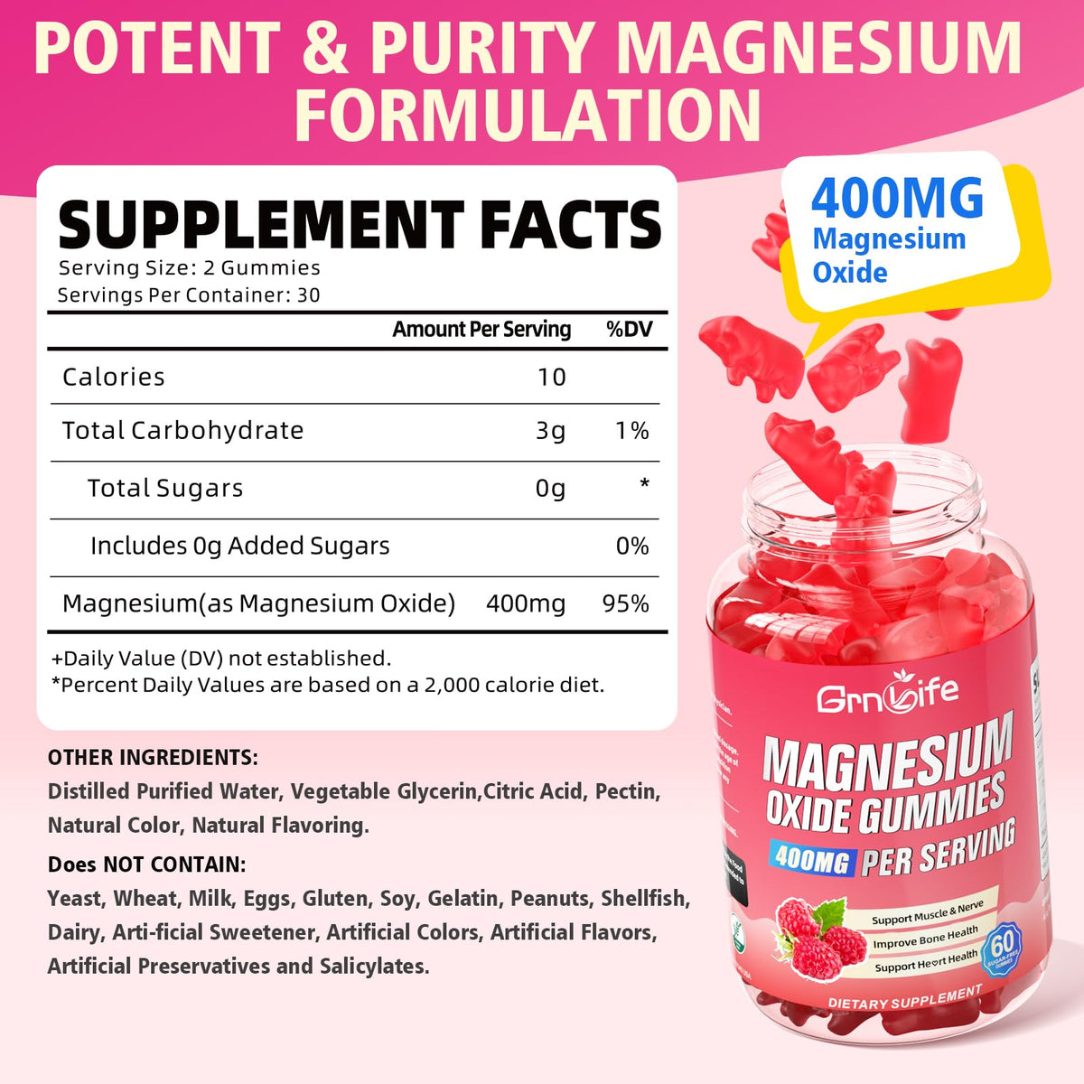 Gummies Magnésium Oxyde GrnLife 400mg vue arrière avec informations nutritionnelles