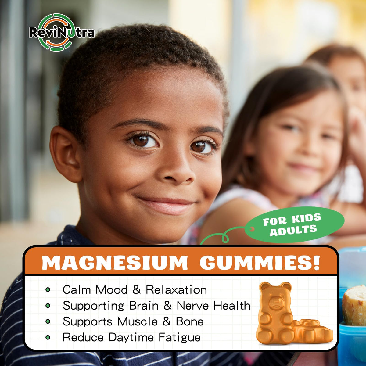 Gummies magnésium ReviNutra 60 gummies orange sur une table