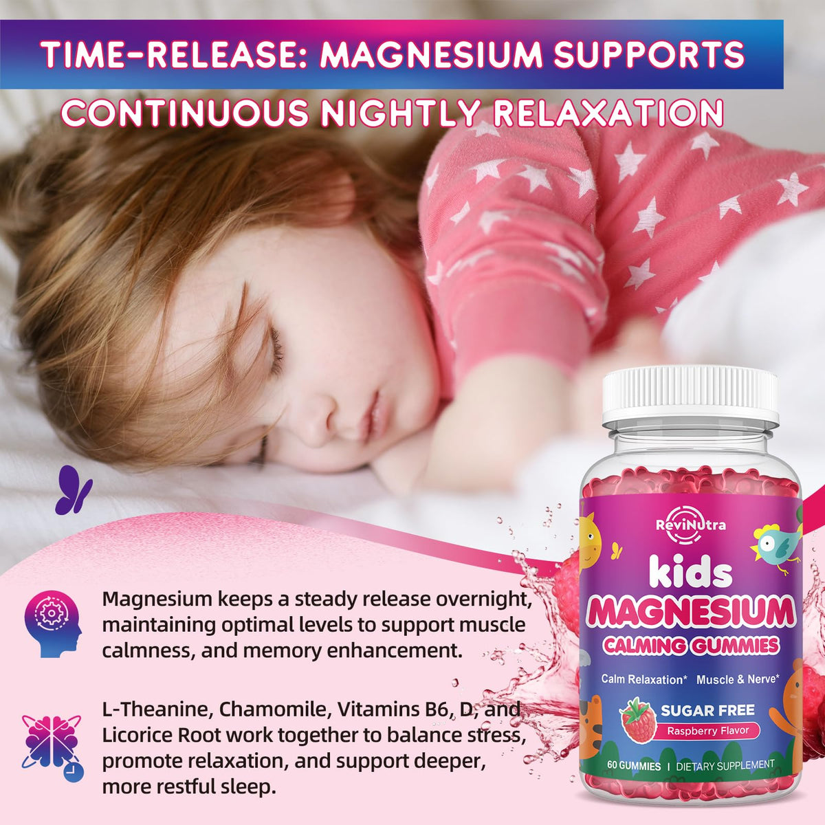 Gummies magnésium ReviNutra sur une table avec des fruits