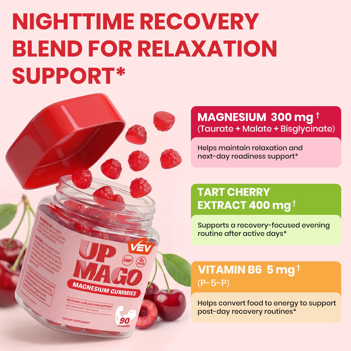 Gummies magnésium VEV avec cerises acidulées en arrière-plan