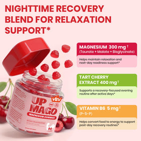 Gummies magnésium VEV avec cerises acidulées en arrière-plan