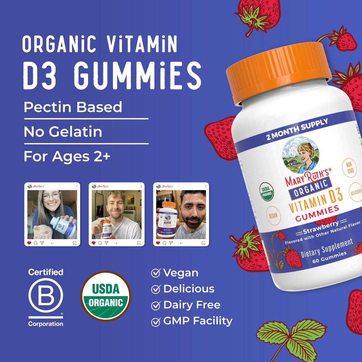 Gummies MARYRUTH'S avec des fruits frais en arrière-plan