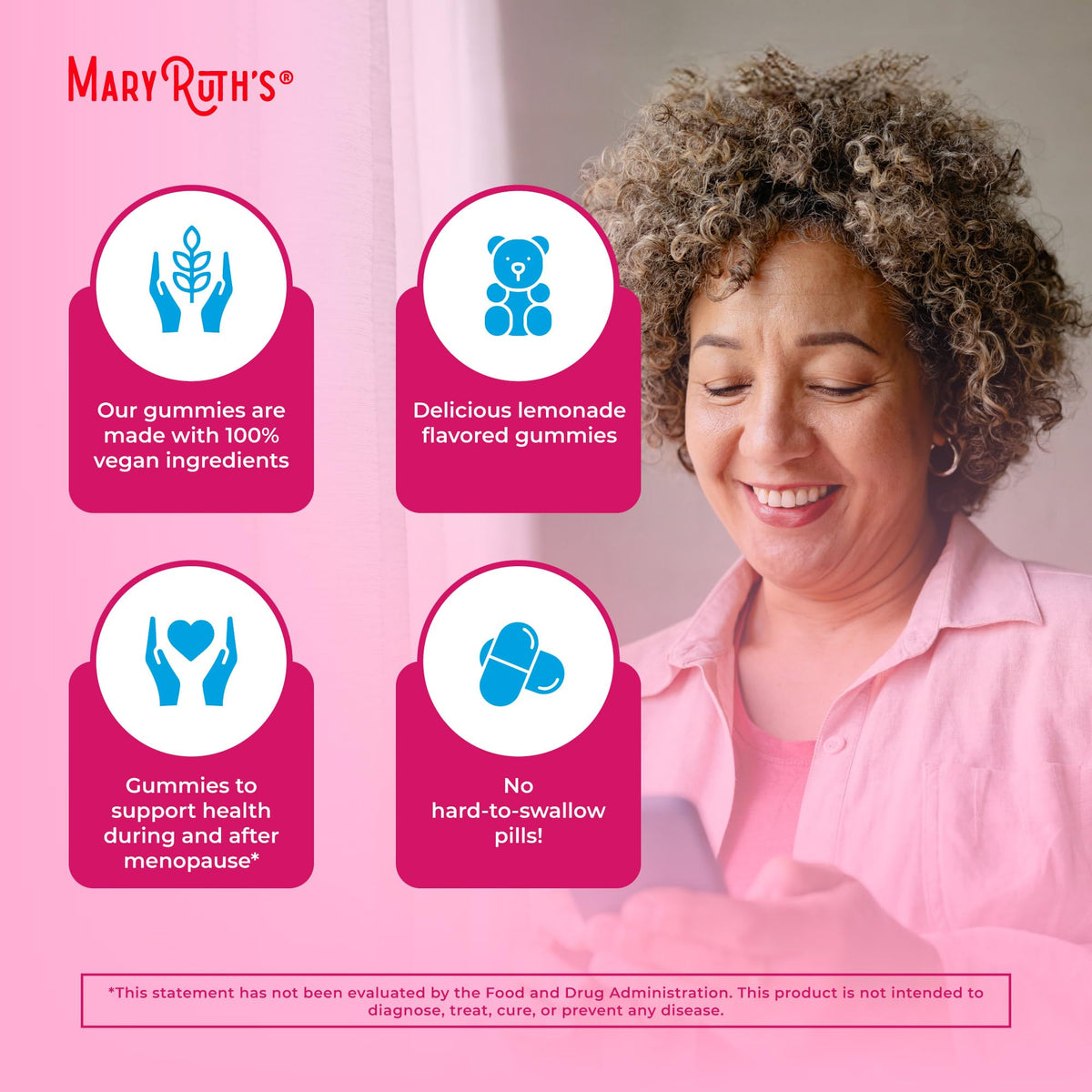 Gummies MARYRUTH'S Multivitamines Femmes 40+ avec des fruits en arrière-plan