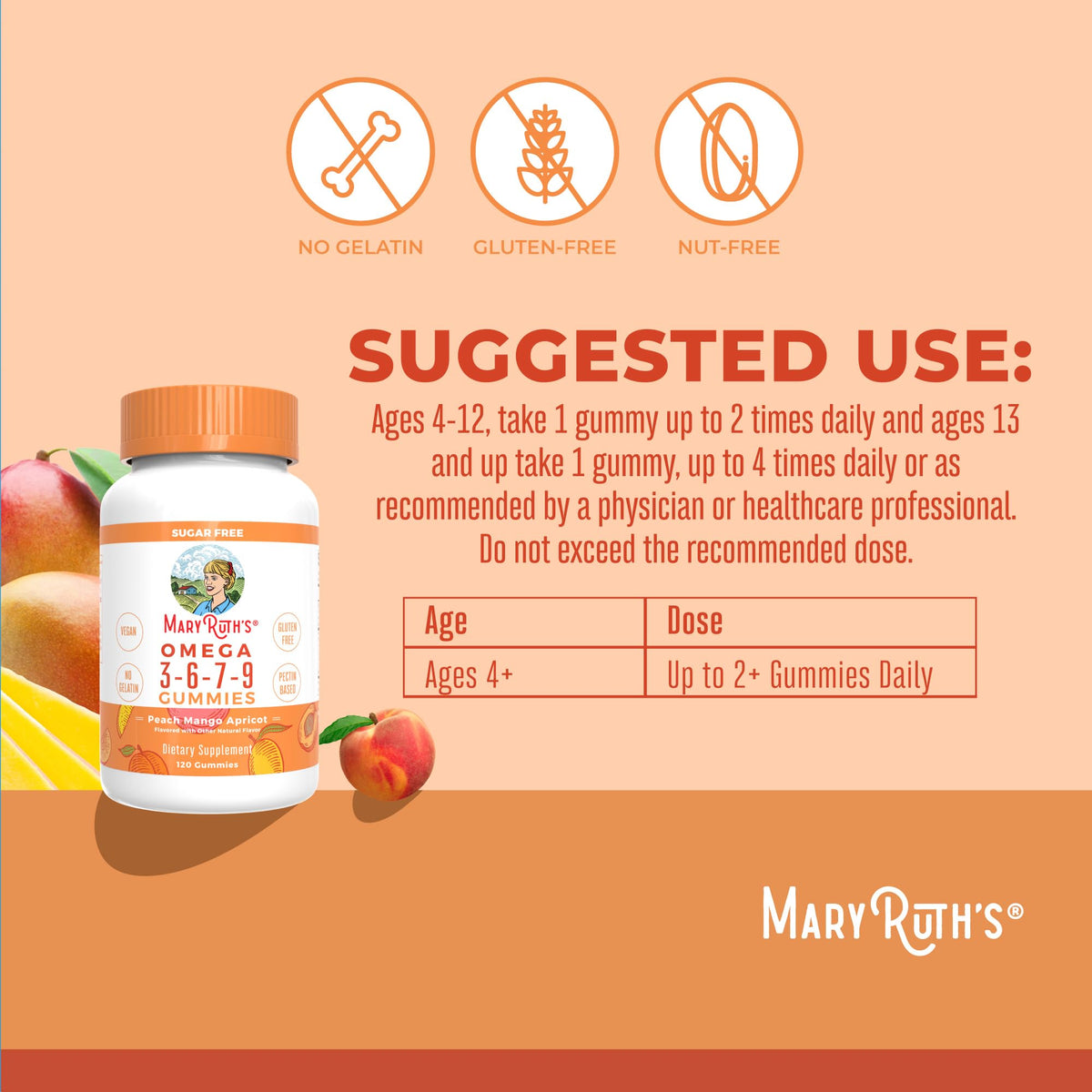 Gummies MARYRUTH'S Oméga 3-6-7-9 avec saveurs pêche, mangue et abricot