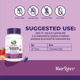 Gummies MARYRUTH'S sur fond blanc, avec fruits en arrière-plan