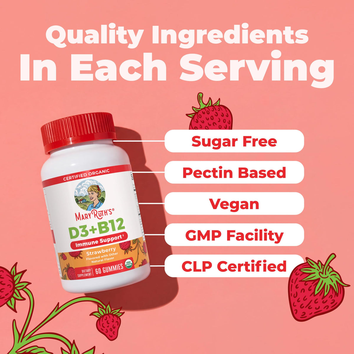 Gummies MARYRUTH'S sur une surface en bois, mise en scène