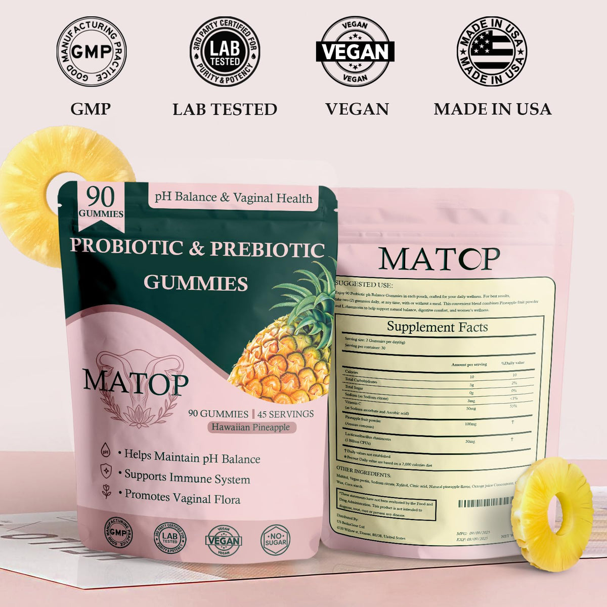Gummies MATOP sur une table avec des fruits frais en arrière-plan