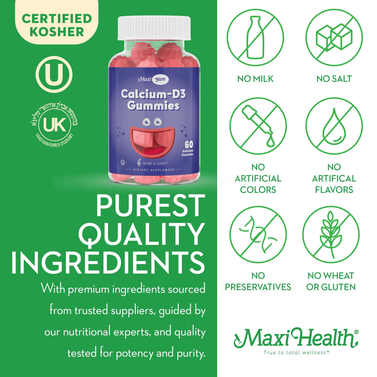 Gummies Maxi Health Calcium, vue de l'arrière du packaging