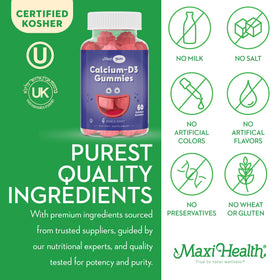 Gummies Maxi Health Calcium, vue de l'arrière du packaging