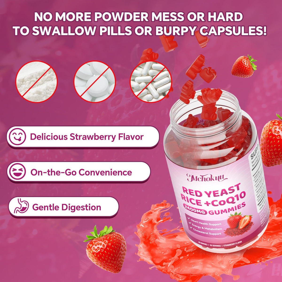 Gummies Mchokuu au riz rouge avec des fruits frais en arrière-plan