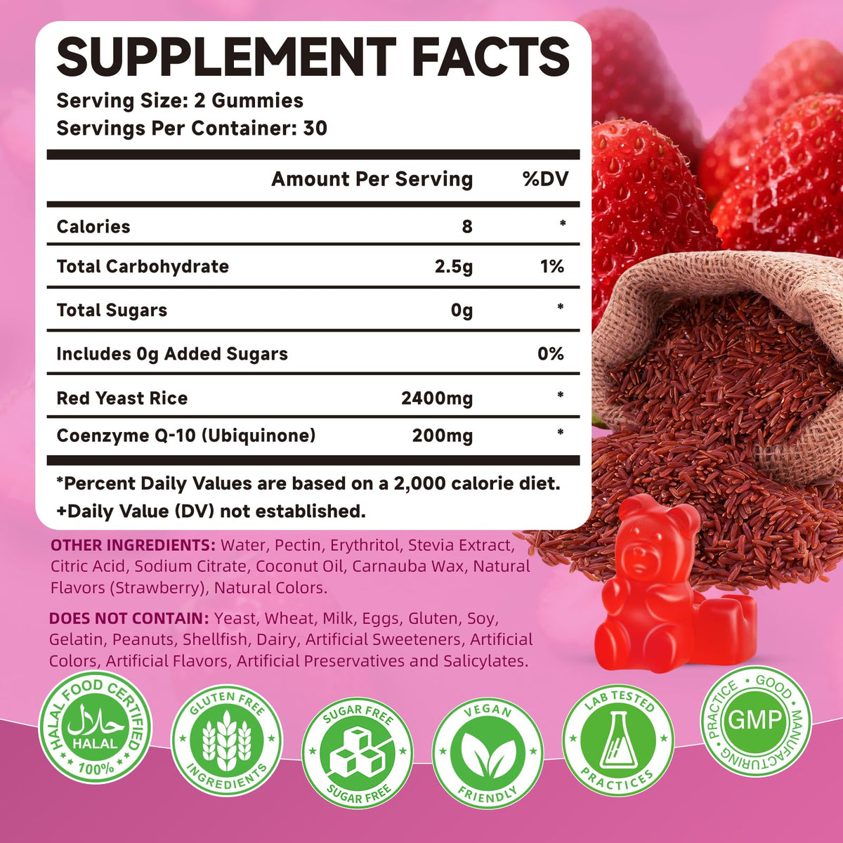 Gummies Mchokuu au riz rouge, gélifiés de couleur rouge, sur fond blanc