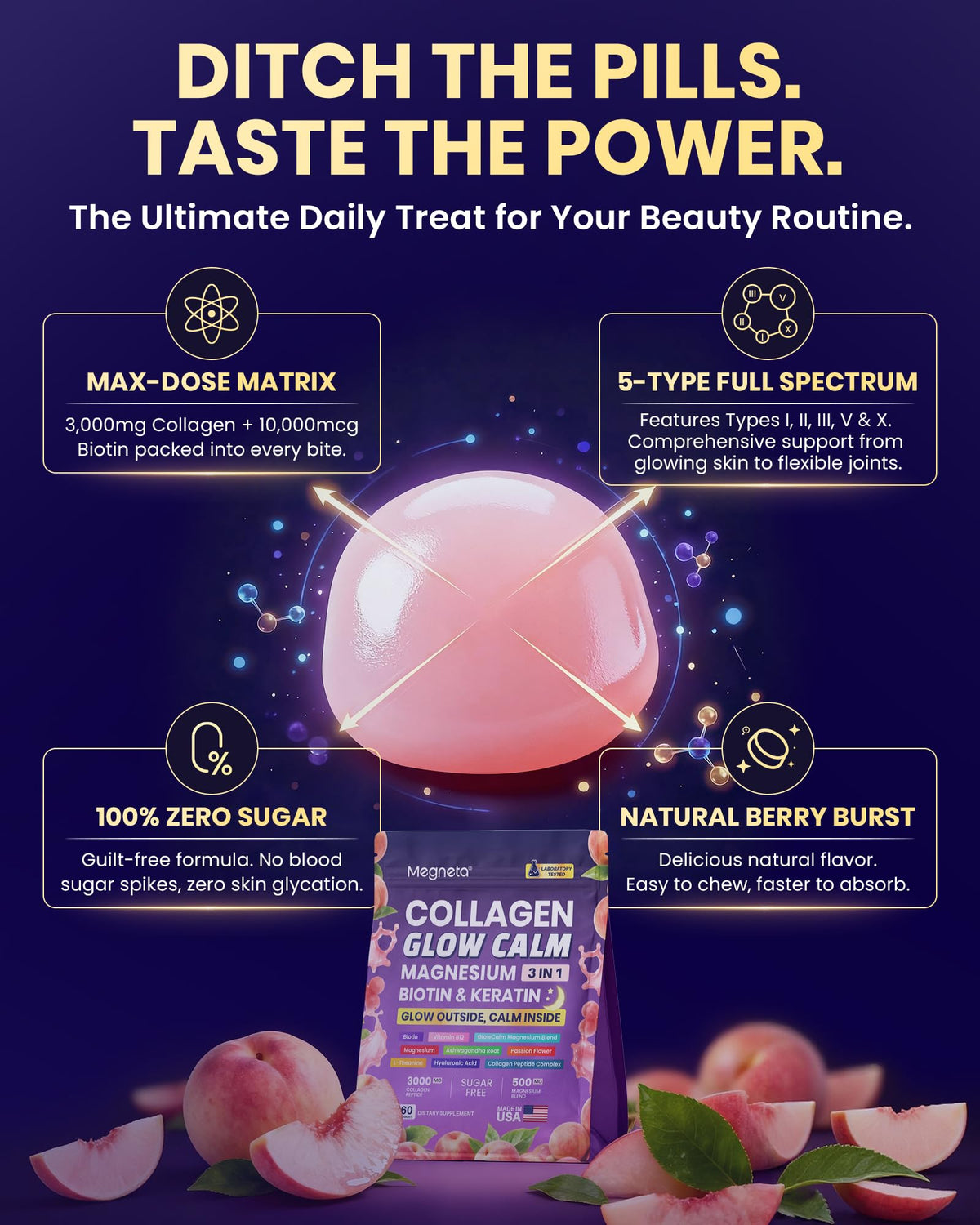 Gummies MEGNETA avec collagène et biotine en gros plan