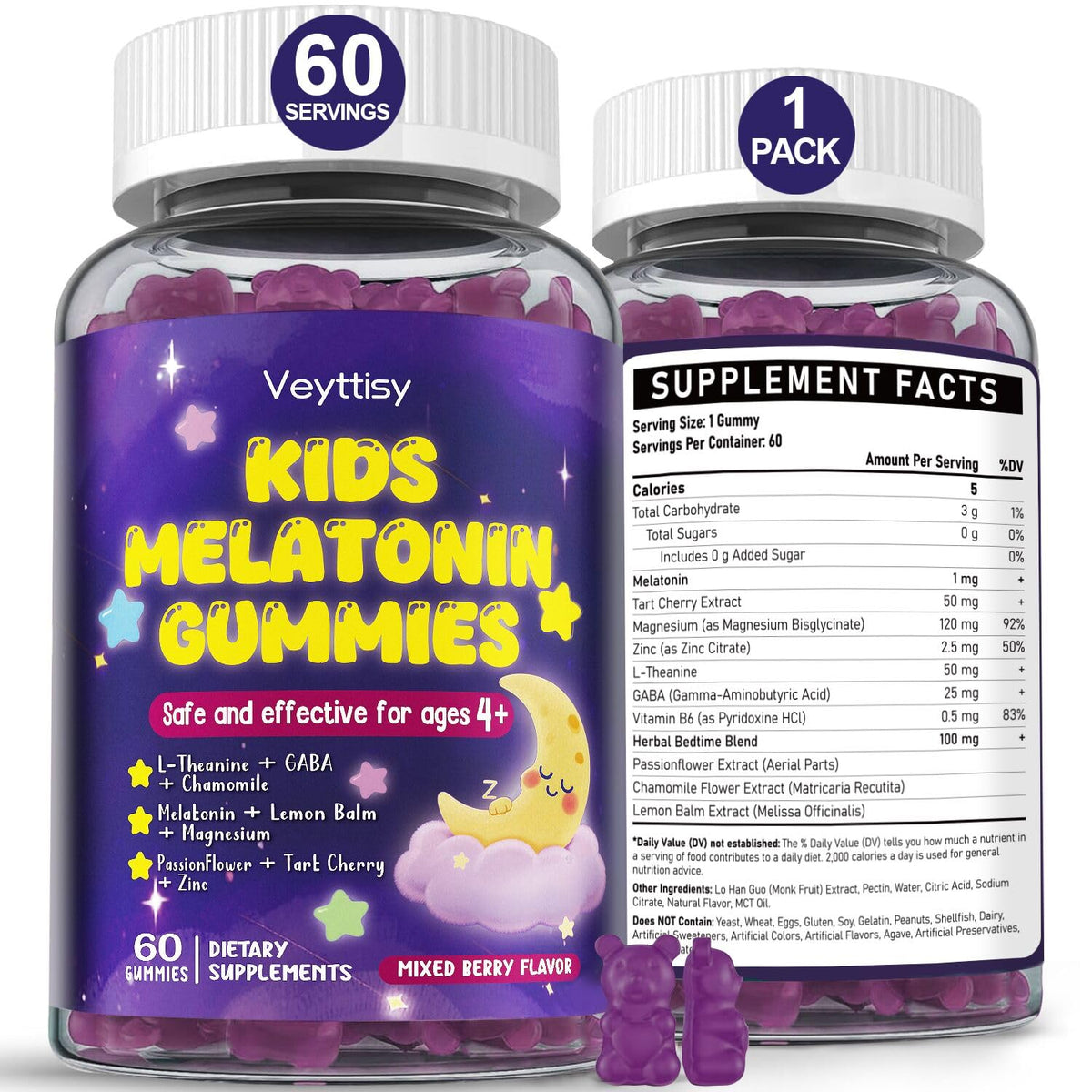 Gummies Melatonine Enfants Veyttisy 1mg vue avant avec emballage
