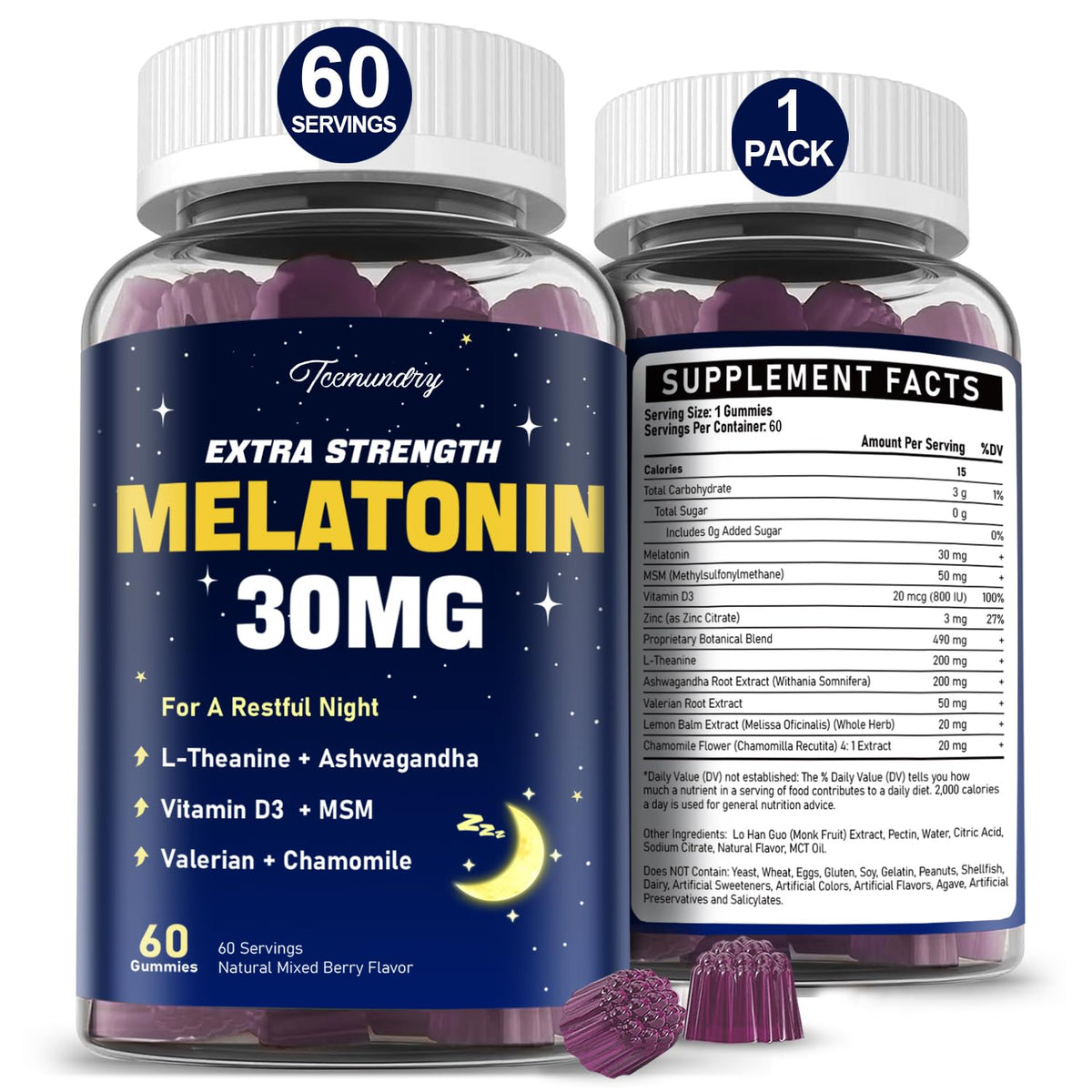 Gummies mélatonine Tcemundry 30mg vue avant avec étiquette