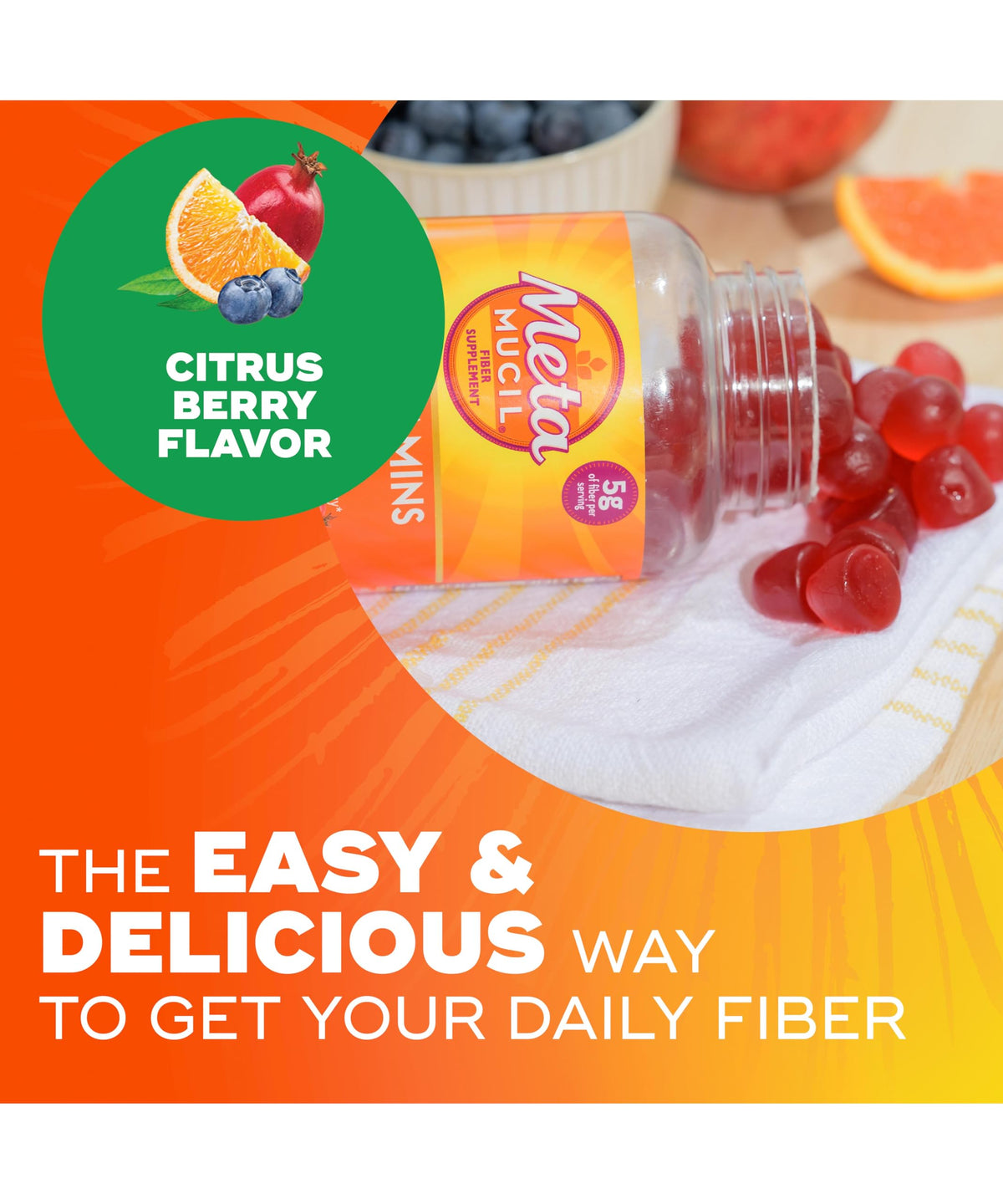 Gummies Metamucil sur une assiette avec fruits