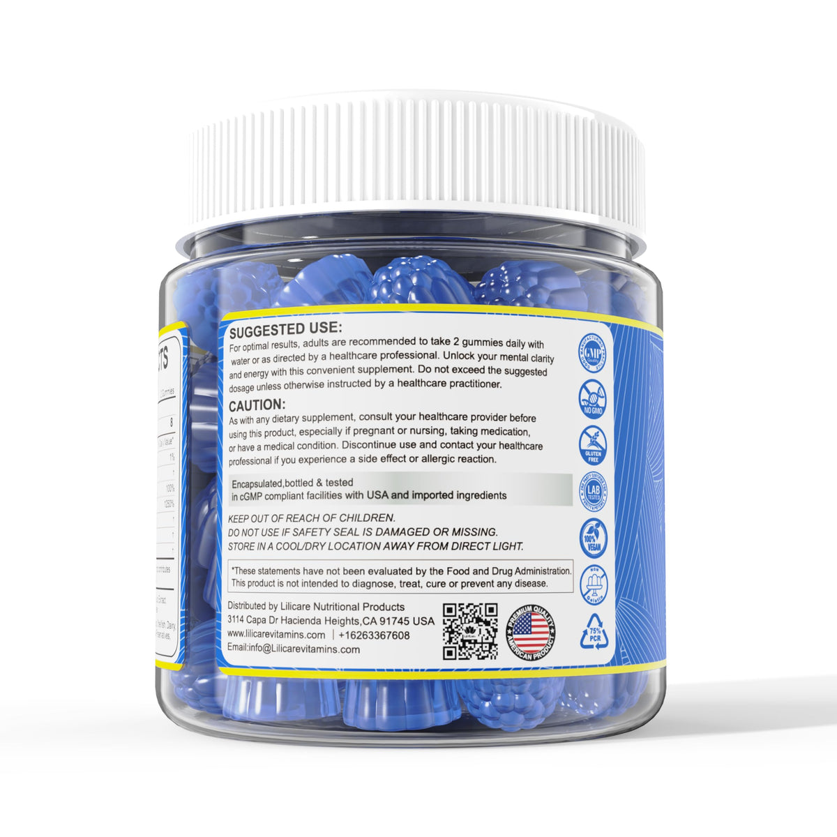 Gummies Methylene Blue LILICARE avec étiquette nutritionnelle